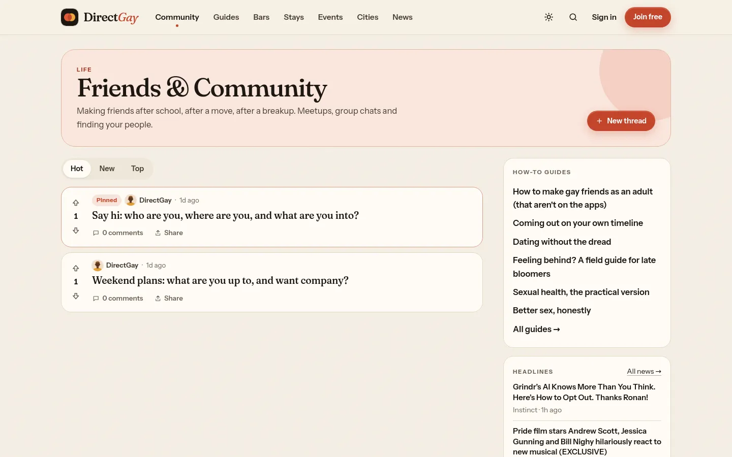 The Friends & Community board, with threaded posts on the left and how-to guides and news headlines in the sidebar.
