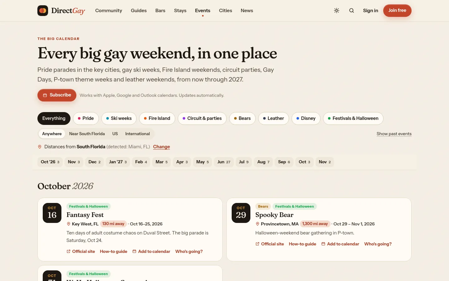 The events calendar, listing Pride, ski weeks and other events by month.