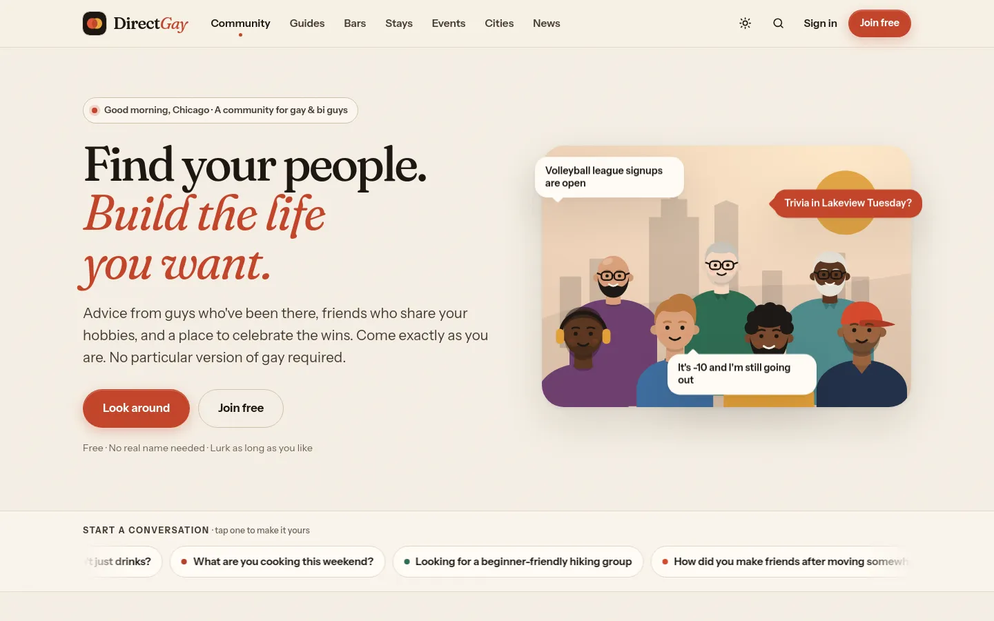 The DirectGay homepage: “Find your people. Build the life you want.” with an illustrated group of men and conversation starters.