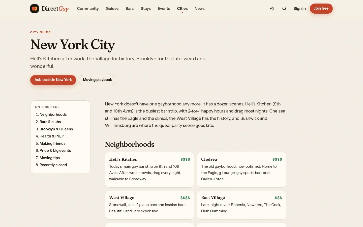 The New York City guide, with neighborhoods such as Hell’s Kitchen, Chelsea and the West Village, and a button to ask locals.