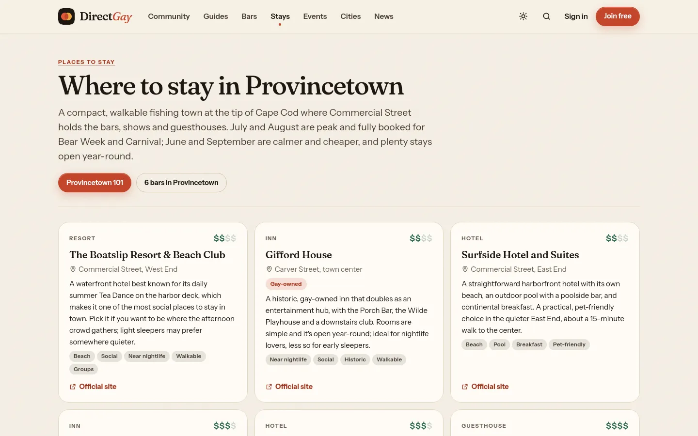 Provincetown stays, with notes on each property and links to the trip guide and events.