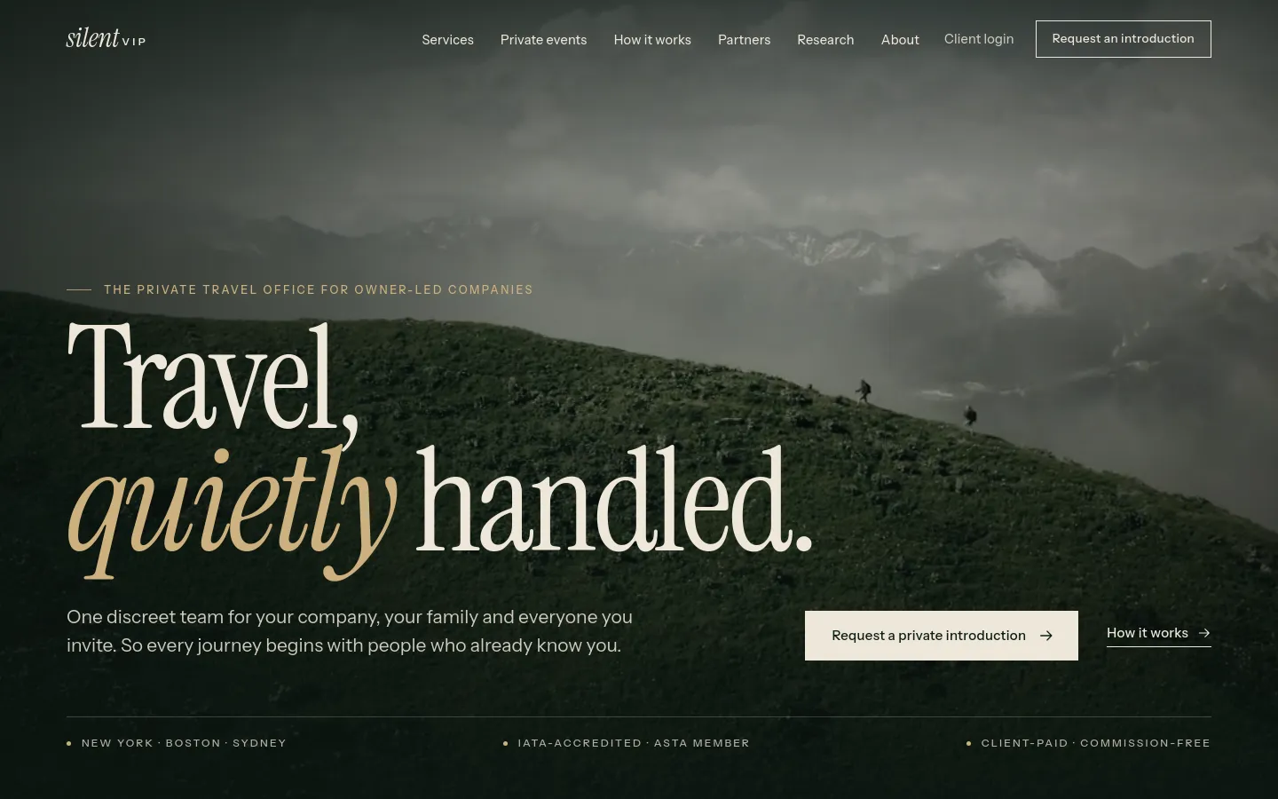 The silentVIP homepage: “Travel, quietly handled.” over a misty mountain landscape, with a button to request a private introduction.