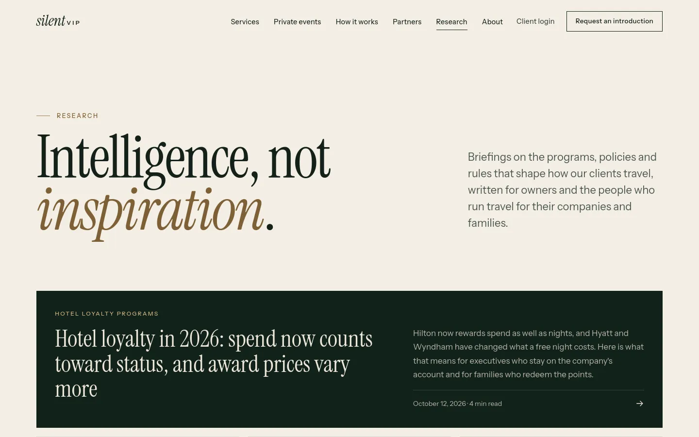 The research page, with briefings on loyalty programs and travel services.