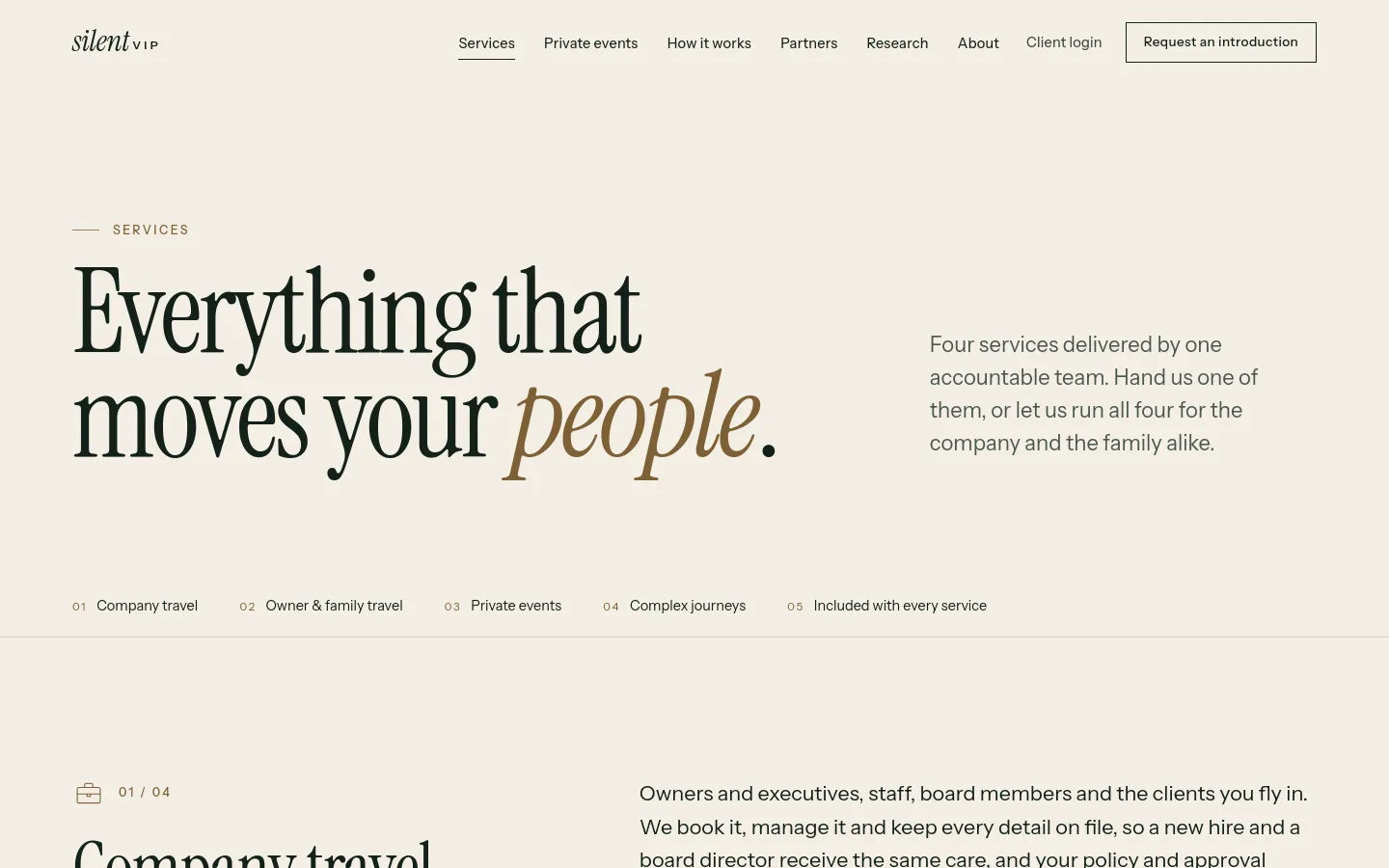 The silentVIP services page, “Everything that moves your people,” listing company travel, owner and family travel, private events and complex journeys.