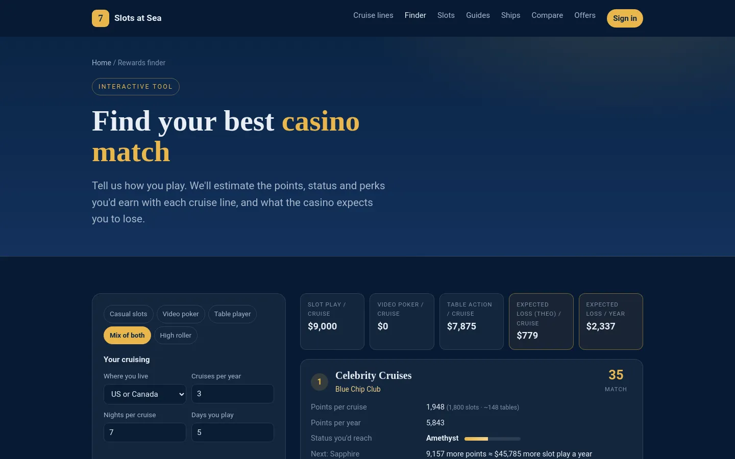 The rewards finder: choose how you play, then see estimated points, status and expected losses by line.